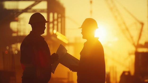 Silhouette Teams of Business Engineers looking for blueprints in construction sites through blurry construction sites at sunset