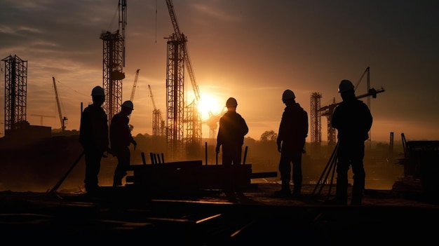 Silhouette of teamwork Construction crew at site