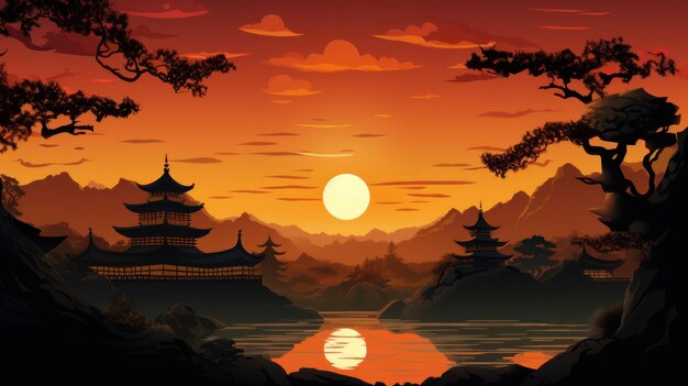 シルエット寺院の夕日の背景