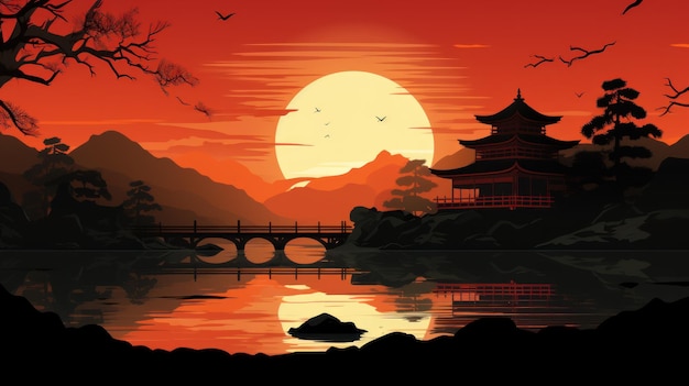 シルエット寺院の夕日の背景