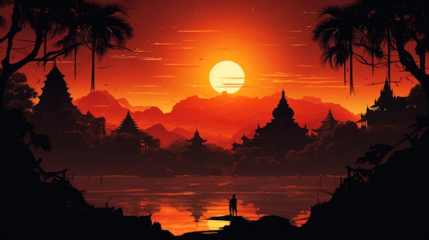 Silhouette temple sunset background