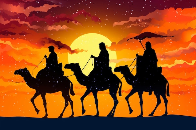 A silhouette of three camels with the sun behind them