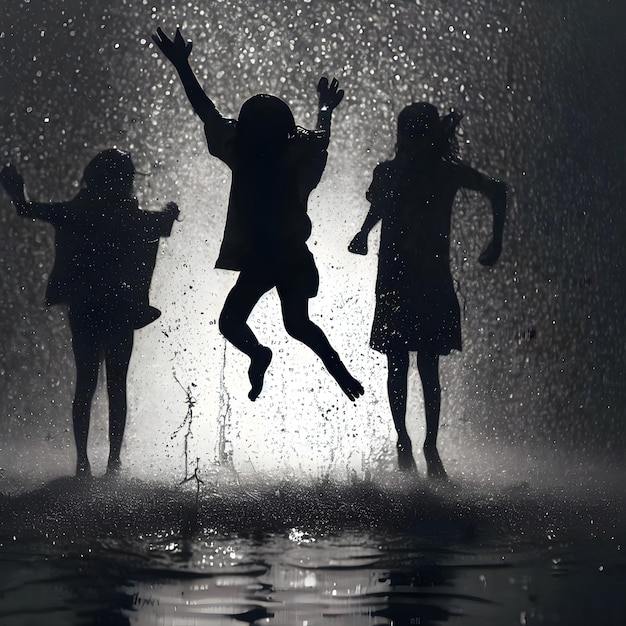 silhouette of three girls jumping in the rain