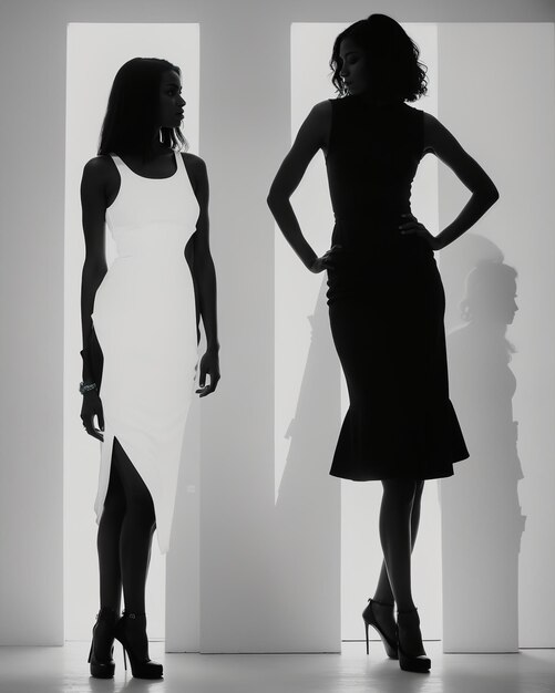 Silhouette of three women in black and white dresses studio shot ai generative