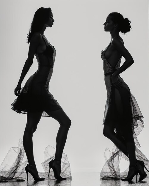 Silhouette of three women in black and white dresses studio shot ai generative