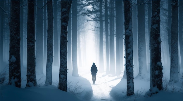 Silhouette through spooky winter forest mystery by Generative AI