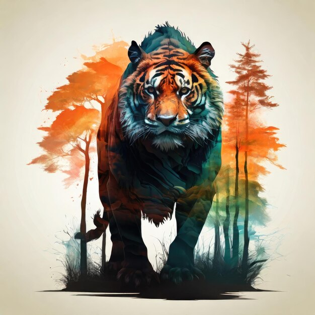 Photo silhouette of tiger double exposure filled with a forest