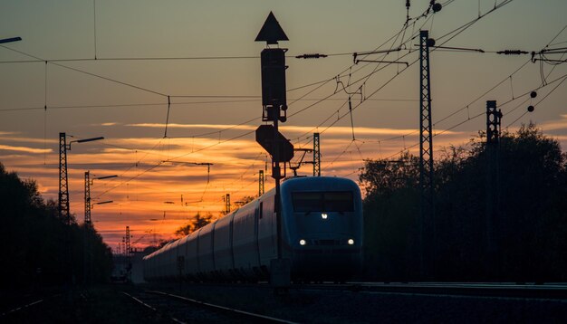Photo silhouette train against sky during sunset