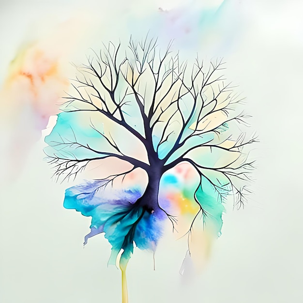 Silhouette of a Tree Against a Background Galaxy Map as Tree Muter Watercolors