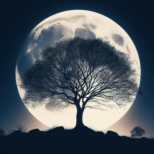 Silhouette of a tree against the background of a large full moon