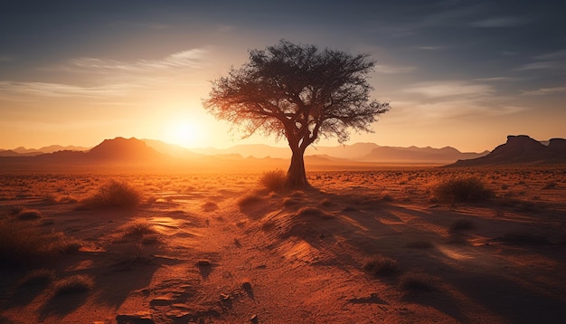 Silhouette of tree on mountain at sunset generated by AI