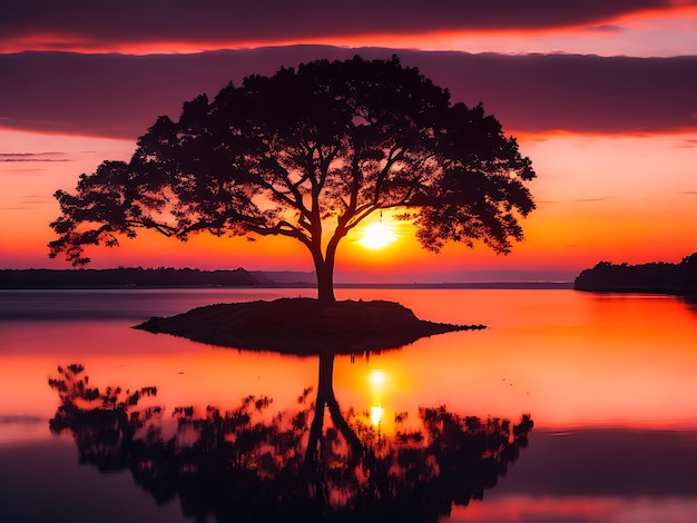 Foto sagoma di albero vicino allo specchio d'acqua durante il bellissimo tramonto