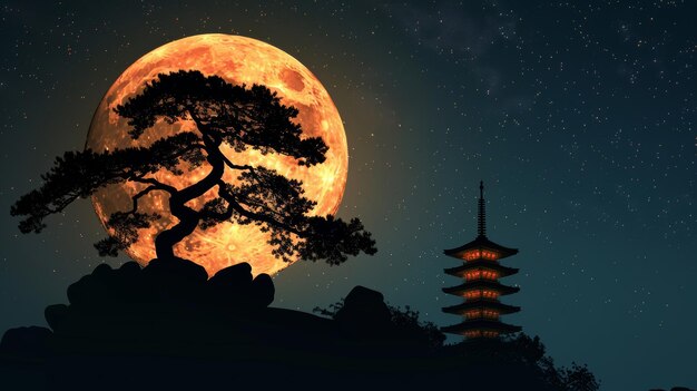 Foto silhouette di un albero e di una pagoda contro la luna piena