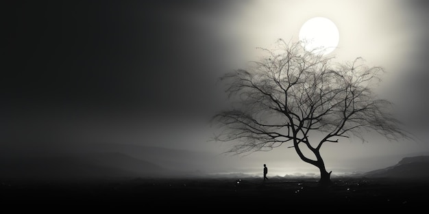 a silhouette of a tree and a person in the dark