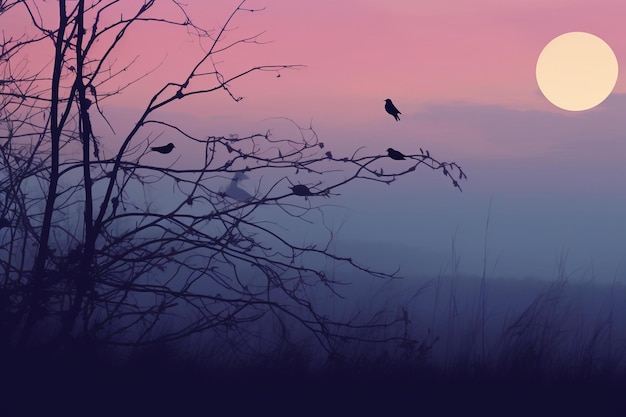 背景に鳥がいる木のシルエットとピンクの空。