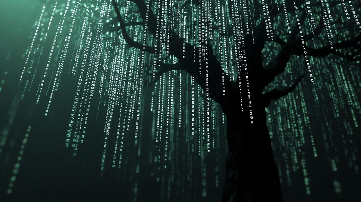 Photo silhouette of a tree with falling digital code