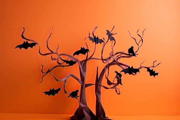 Silhouette of a tree with perched bats on an orange background generative ai