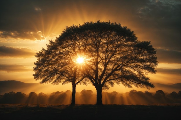 Silhouette of a tree with sun rays in the background ai generative