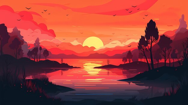 Silhouette of trees against a sunset sky illustration style