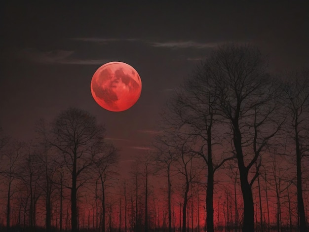 силуэт деревьев и красная полная луна