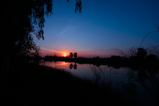 夕日を背景に湖と木のシルエット