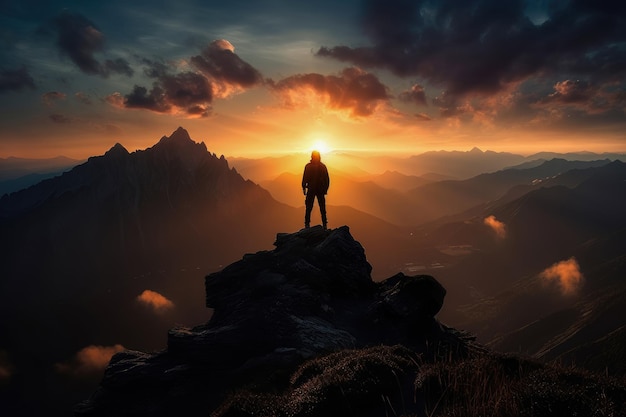 Silhouette of a triumphant individual standing a mountain peak Leadership Concept Generate Ai