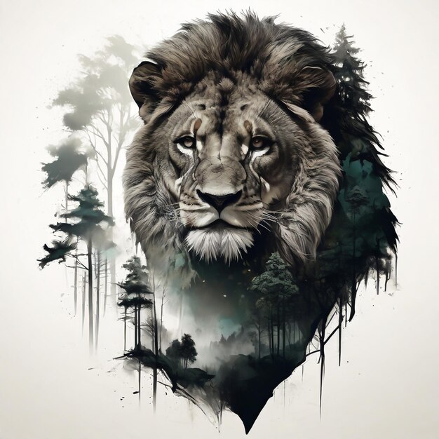 Silhouette tshirt design of a lion filled with a forest