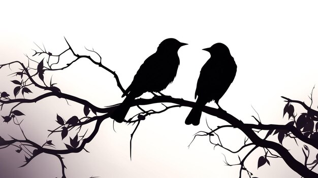 Silhouette of two black birds on a white background generative ai