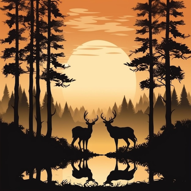 Photo silhouette of two deers in a forest with a sunset in the background generative ai