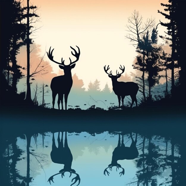 森の湖の前に立っている2匹の鹿のシルエット