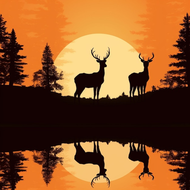 Photo silhouette of two deers standing on a hill with a sunset in the background generative ai