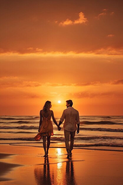 A silhouette of two friends walking handinhand along a beach at sunset