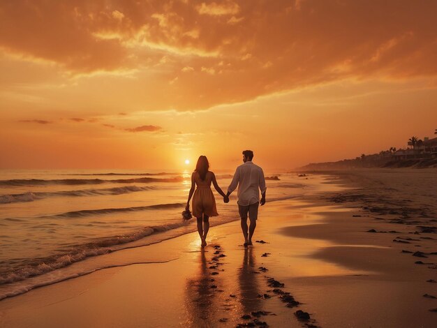 A silhouette of two friends walking handinhand along a beach at sunset