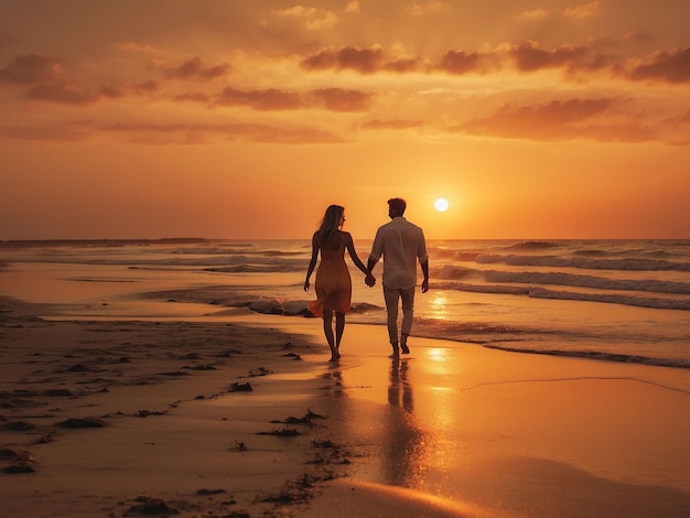 A silhouette of two friends walking handinhand along a beach at sunset