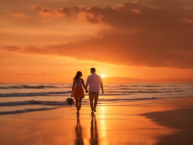 A silhouette of two friends walking handinhand along a beach at sunset