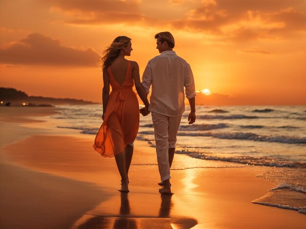 A silhouette of two friends walking handinhand along a beach at sunset