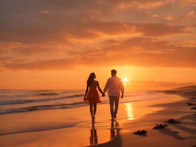 Photo a silhouette of two friends walking handinhand along a beach at sunset