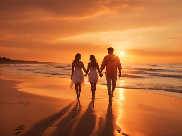 A silhouette of two friends walking handinhand along a beach at sunset