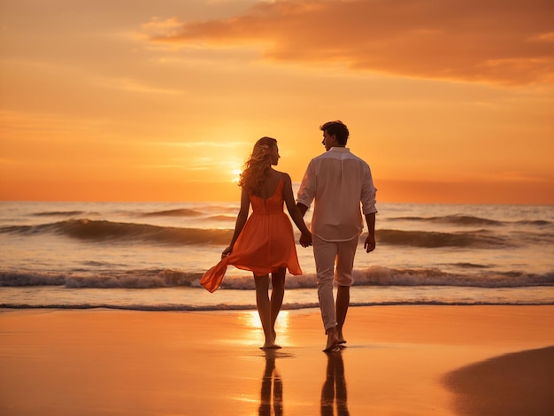 A silhouette of two friends walking handinhand along a beach at sunset