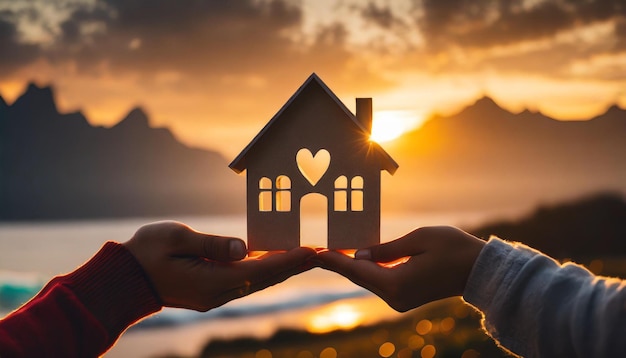 Silhouette of two hands side by side holding a small houseshaped cardboard symbolizing unity and t