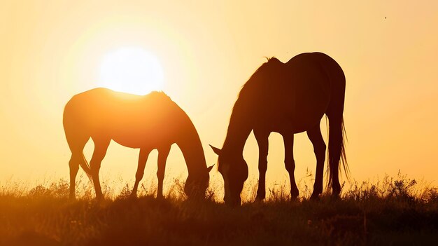 Photo silhouette of two horses grazing at sunset time in sao francisco de paula rio grande generative ai