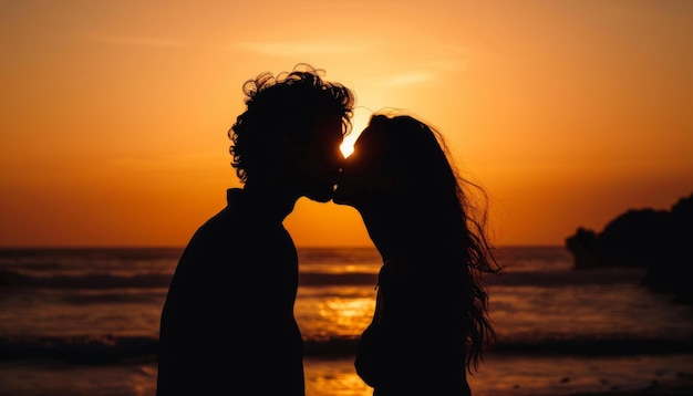 Silhouette of two lovers kissing passionately under the golden sunset sky passionate kiss pic