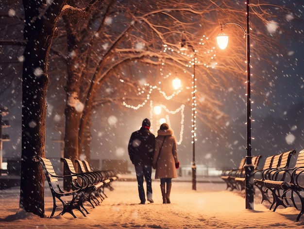 クリスマス公園を散歩する 2 人の恋人のシルエットが生成された ia