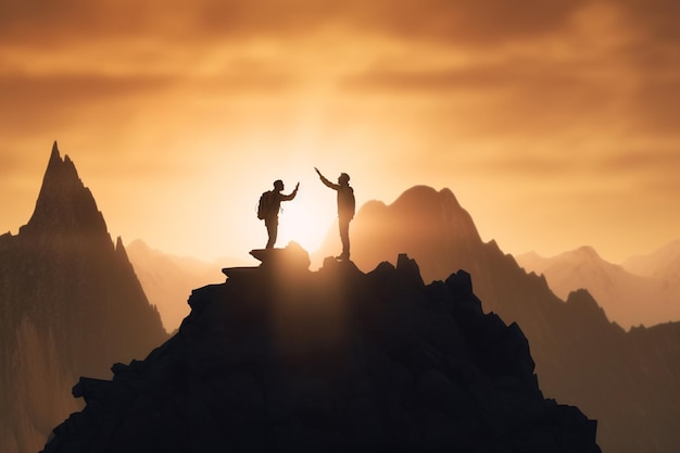 Silhouette of two men with backpacks on the top of the mountain