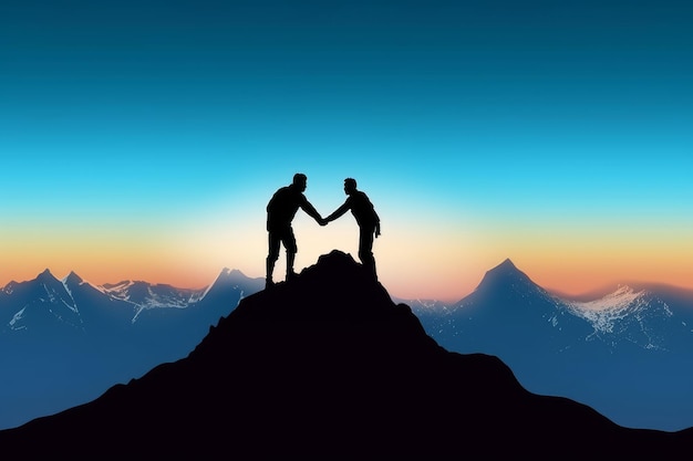 Silhouette of two people on a mountain top with the sun setting behind them.