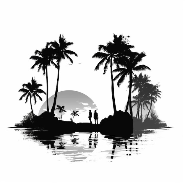 Photo silhouette of two people walking on a beach with palm trees generative ai