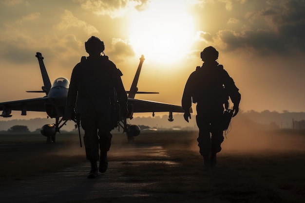 Silhouette of two soldiers standing on the runway at sunset Military pilots are walking on a takeoff ground AI Generated