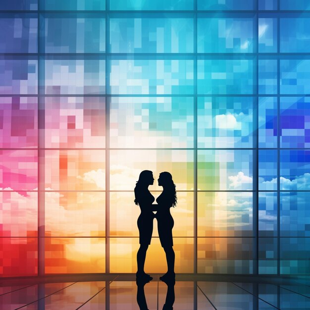 Silhouette of two women standing in front of a colorful wall generative ai