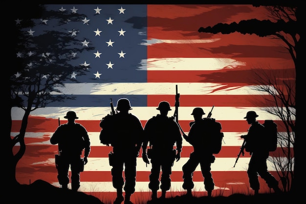 Silhouette of US Army Marines with the flag in the background Created with generative AI technology