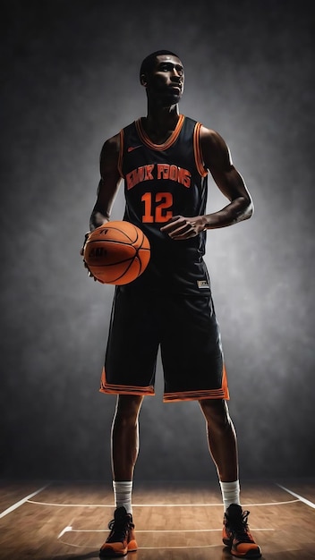 Silhouette view of a basketball player holding basket ball on black background